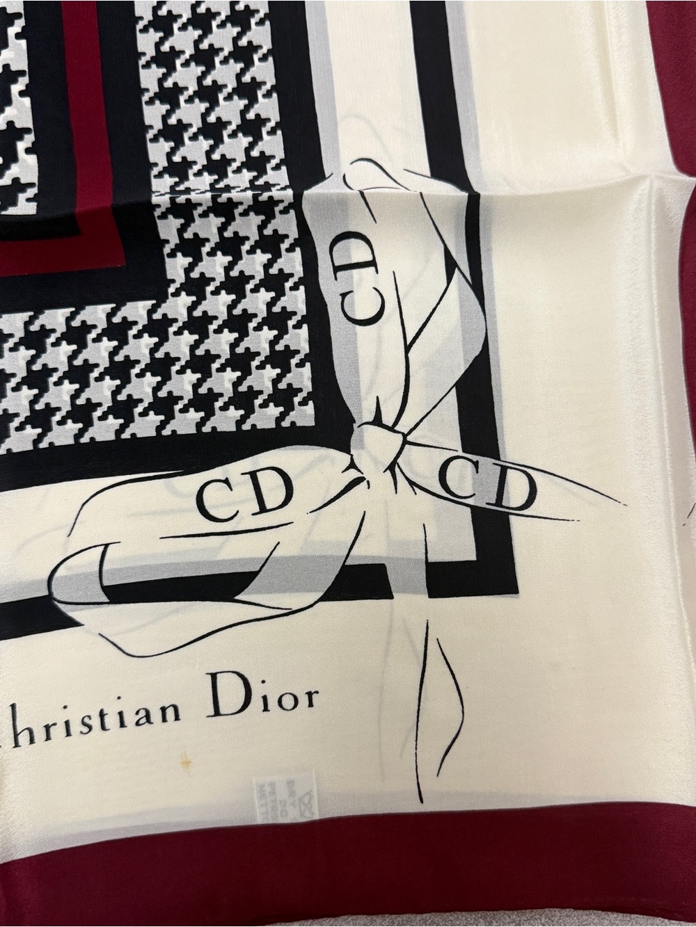 Dior Burgundy, Ivory and Black Houndstooth Silk-Feel Square Scarf - Picture 3 of 9